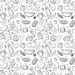 Different baby food. Hand drawn organic food for kids, seamless pattern. Fresh vegetables, fruits. Doodle of kids nutrition on white background. Jars, bottles with children meal.