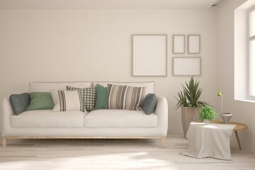Stylish room in white color with sofa. Scandinavian interior design. 3D illustration
