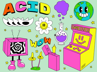 Fototapeta premium Acid abstract characters and objects. In a cartoon style, a set of bright psychedelics, all elements are isolated