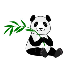 Cute smiling panda bear sitting with bamboo branch. Vector cartoon illustration isolated on white background.