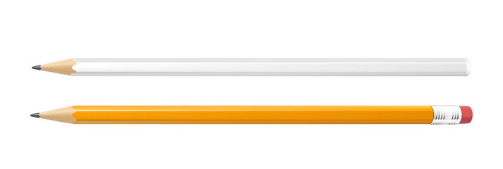 A set of white and yellow pencils. A template for applying an identity or logos. A yellow pencil with a red eraser. Realistic 3D stile. Stationery.