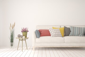 White living room with sofa. Scandinavian interior design. 3D illustration