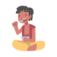 Indian Boy Character Sitting on the Floor with Bowl Having Meal Vector Illustration