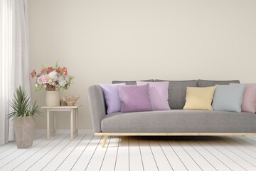 White living room with sofa. Scandinavian interior design. 3D illustration