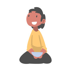 Indian Boy Character Sitting on the Floor with Bowl Having Meal Vector Illustration