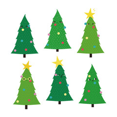 Set of cute Christmas trees with faces. Vector hand drawn illustration.
