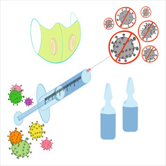 A vector illustration of a vaccination concept with a syringe, a face mask with flaps, coronavirus symbols and  two medical ampoules isolated on white background. Designed for medical antiviral concep
