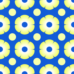 seamless geometrically symmetrical pattern depicting shapes stylized as chamomile flowers in yellow-blue tones for printing on fabric, clothing, bedding, packaging, banners and for interior decoration