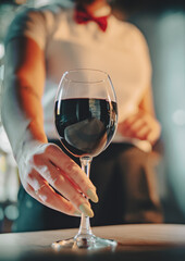 waiter hold red wine into a glass in cafe or bar