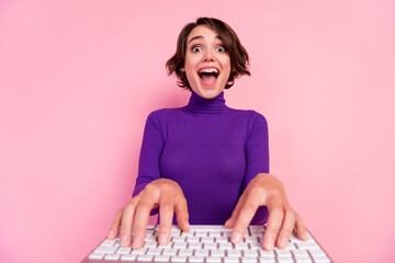 Photo of funny brunette young lady type wear violet pullover isolated on pink color background