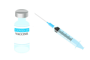 新型コロナウイルスのワクチンと注射器のイラスト。ワクチン接種のコンセプト。
