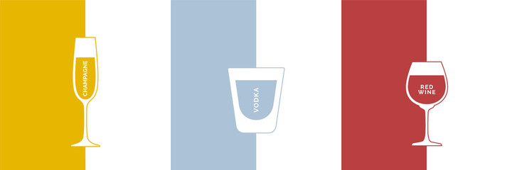 Rum, vodka and red wine glass in minimalist linear style with text. Contour of glassware on right side in form of fine line. Two types of multi-colored drink. Isolated image on white backdrop