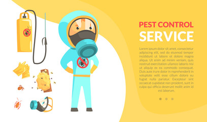Insect Control and Disinfestation Service with Man in Protective Outfit Engaged in Bug Extermination Vector Template