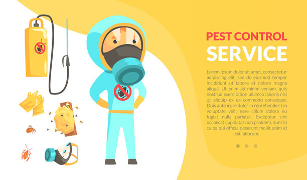 Insect Control And Disinfestation Service With Man In Protective Outfit Engaged In Bug Extermination Vector Template