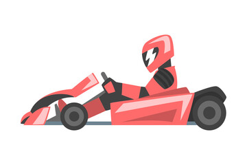 Kart Racing or Karting with Man Racer in Open Wheel Car Engaged in Motorsport Road Extreme Driving Vector Illustration - obrazy, fototapety, plakaty