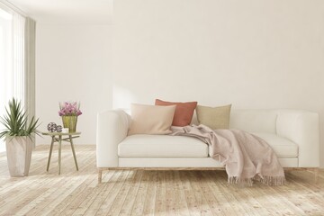 White living room with sofa. Scandinavian interior design. 3D illustration