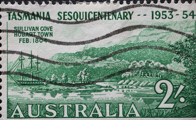 AUSTRALIA-CIRCA 1953 : A post stamp printed in Australia showing a landscape with a historic...