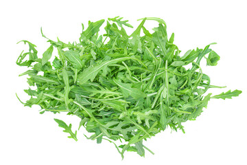 Obraz na płótnie Canvas Rucola leaves isolated on white background. Green fresh Rocket salad or arugula leaf, top view. Flat lay.