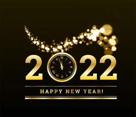 Happy New Year 2022 with gold particles and a clock in the number zero. golden illustration