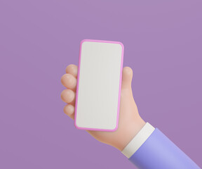 3D Cartoon hands holding smartphone on purple background. 3d Illustration Rendering.
