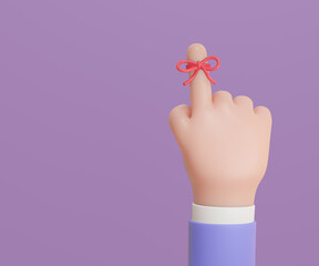 Sign don't forget the red bow on a finger. Finger with reminder ribbon 3D Illustration Rendering.