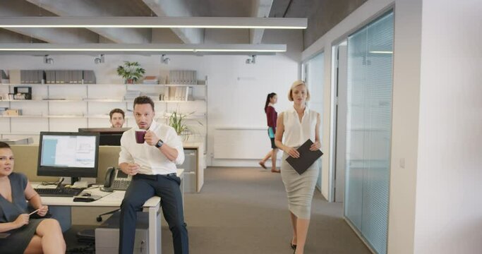 Sexy new woman walking into office interested men and nasty women looking slow motion walk POV shot concept series