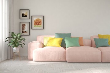 Modern living room in white color with sofa. Scandinavian interior design. 3D illustration
