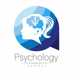 Fototapeta na wymiar Modern logo Kid Girl head and letter Psi inside brain . Logotype sign of Psychology. Profile Human. Blue color isolated on white. Creative style. Symbol in vector. Design concept.
