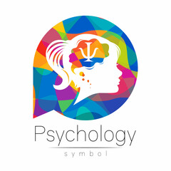 Fototapeta na wymiar Modern logo Kid Girl head and letter Psi inside brain . Logotype sign of Psychology. Profile Human. Rainbow color isolated on white. Creative style. Symbol in vector. Design concept.