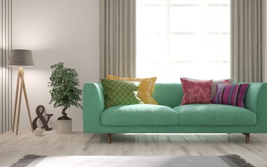 White living room with sofa. Scandinavian interior design. 3D illustration
