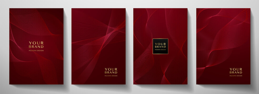 Contemporary technology cover design set. Luxury background with red line pattern (guilloche curves). Premium vector tech backdrop for business layout, digital certificate, formal brochure template