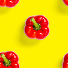 seamless pattern of bulgarian red pepper on yellow background. paprika wallpaper, sweet pepper print pattern, top view, flat layout, isolated.