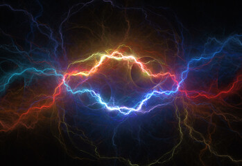Blue and orange lightning and plasma background, abstract fire and ice background