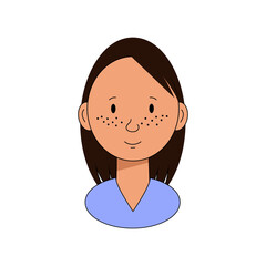 portrait of a cute girl with freckles and long hair and a blue blouse