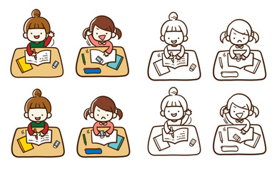 教室で授業を受ける女の子たちの手書きイラスト