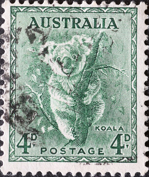 AUSTRALIA-CIRCA 1940 : A post stamp printed in Australia showing a koala (Phascolarctos cinereus)