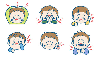 痛がる男の子のイラストセット（頭・鼻・耳・目・頬／歯・首／喉）