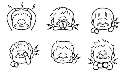 痛がる男の子のイラストセット（頭・鼻・耳・目・頬／歯・首／喉）