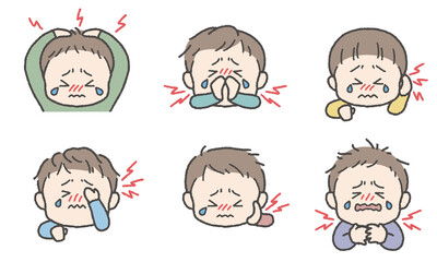 痛がる男の子のイラストセット（頭・鼻・耳・目・頬／歯・首／喉）