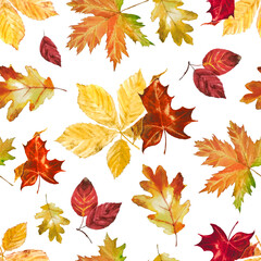 Hand painted purple watercolor seamless pattern with autumn leaves isolated on white background. Thanksgiving and halloween home decorations, interior print, postcards, wrapping and scrapbooking paper