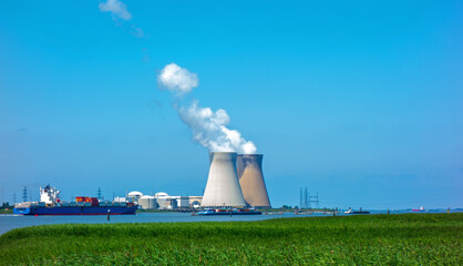 Harbour of Antwerp, Belgium with nuclear power plant
