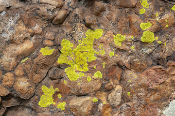 Rock of round stones with green moss and lichen. Horizontal image.