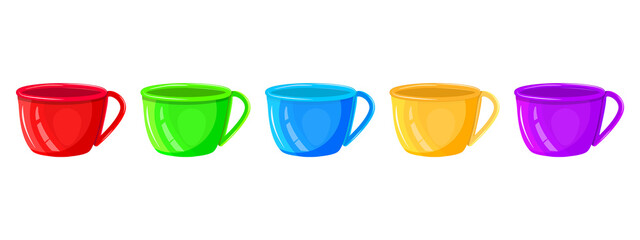 Different color cups set isolated on white background. Ceramic or porcelain colorful mugs. Tea or coffee bright cups with handle. Side view. Dish icons. For label, tag, sign. Stock vector illustration