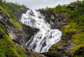 Large waterfall on the route between Myrdal and Flam, Norway
