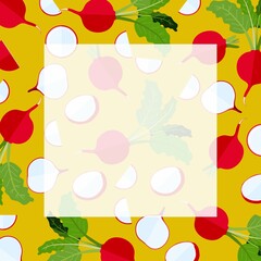 Banner with whole and sliced, half and quarter of radish. Flat style radish. Square template. Vector illustration isolated on yellow background