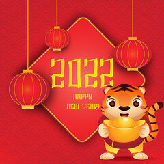 Naklejka premium Happy chinese New Year 2022, year of the Tiger. Celebration banner with tiger, red lanterns and golden boat yuanbao ingot