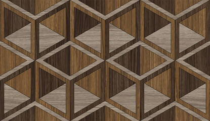 Oak vector artistic parquet with optical illusions. Cubes. Modern wood floor. Luxury Art Deco interior. Geometric seamless ornament.  Floor drawing. Wood texture. Endless 3D pattern.