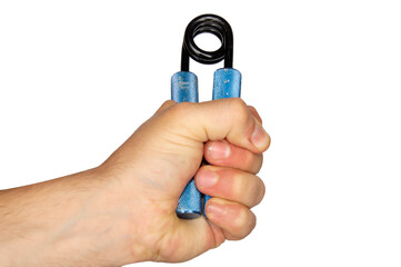 Athlete's hand closes a blue handgrip on a white background