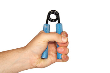 Athlete's hand closes a blue handgrip on a white background