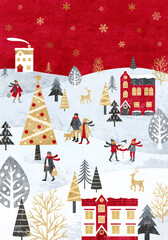 雪が降るクリスマスの街並みと人々のベクターイラスト背景(christmas, Merrychristmas,冬,赤,白)